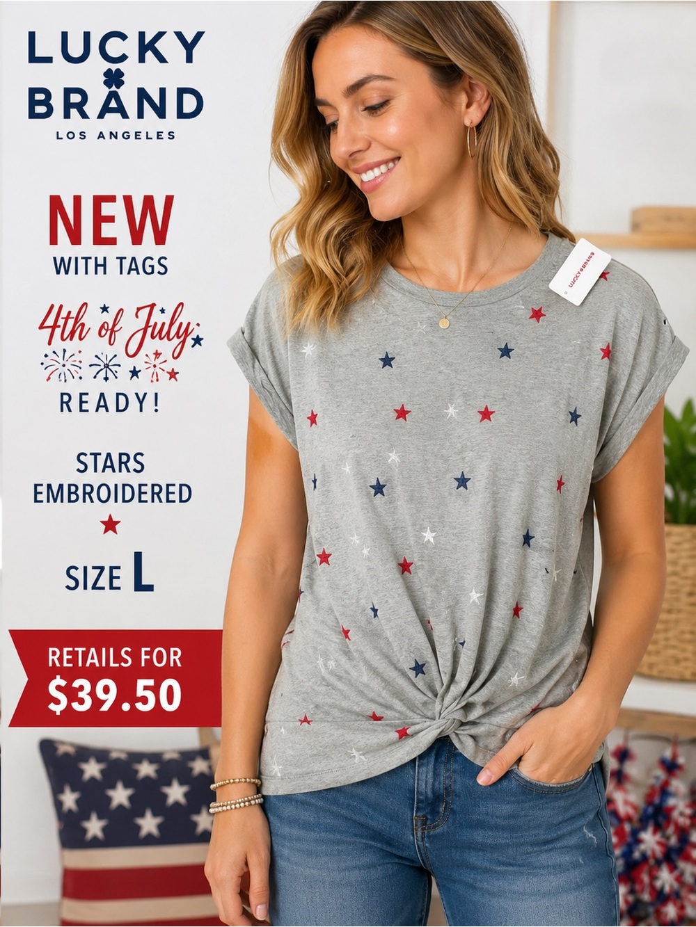 Lucky Brand Embroidered Stars Top Size L NWT 4th of July Patriotic Gray Tee